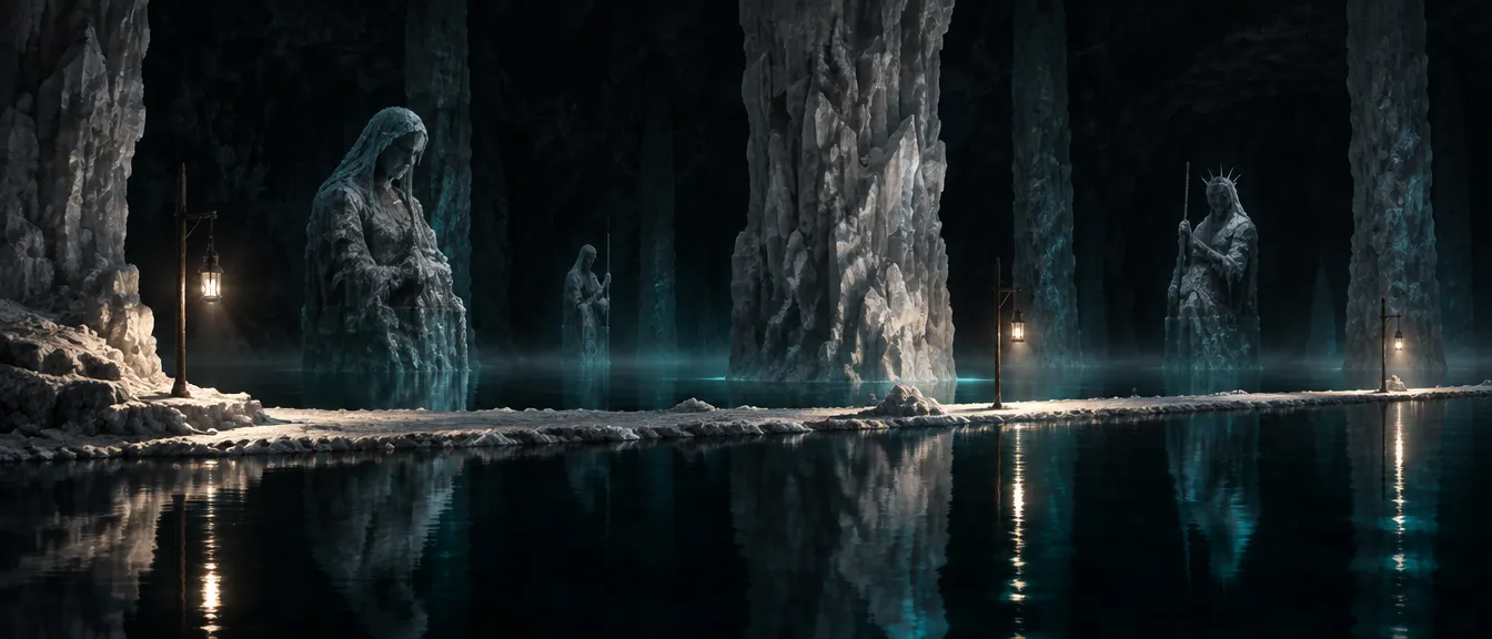 Danau Asin: gua garam yang terendam, jalan setapak putih melintang di atas air hitam, pilar garam raksasa dan lampu di tiang