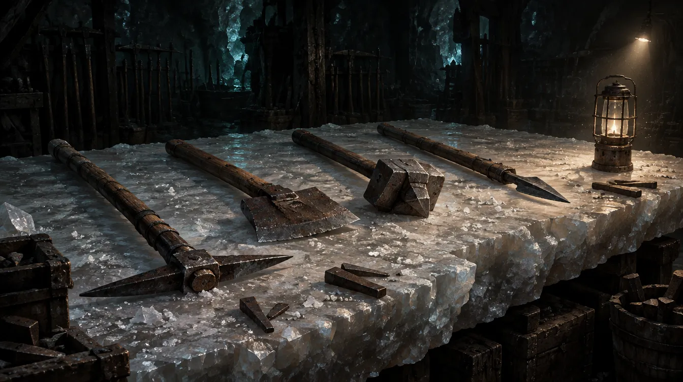 Lima senjata tambang di atas meja dari satu bongkah garam: beliung, kapak potong, palu baji, tombak penyangga, dan lampu karbida